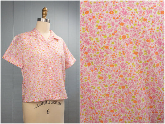 60's Pink/Orange/Green Ditsy Floral Loop Collar Shirt | M