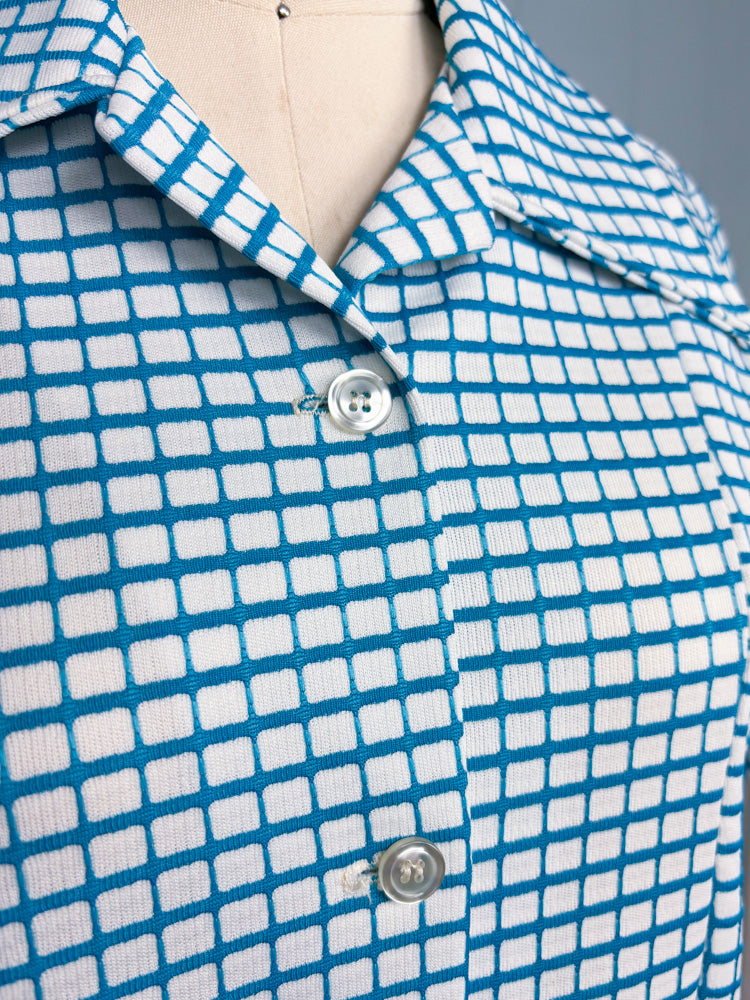 70's Blue & White Windowpane Check Dagger Collar Button Up