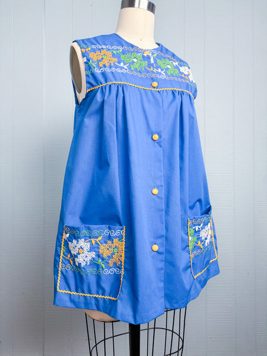 60's 70's Royal Blue Embroidery Ricrac Sleeveless Smock Top