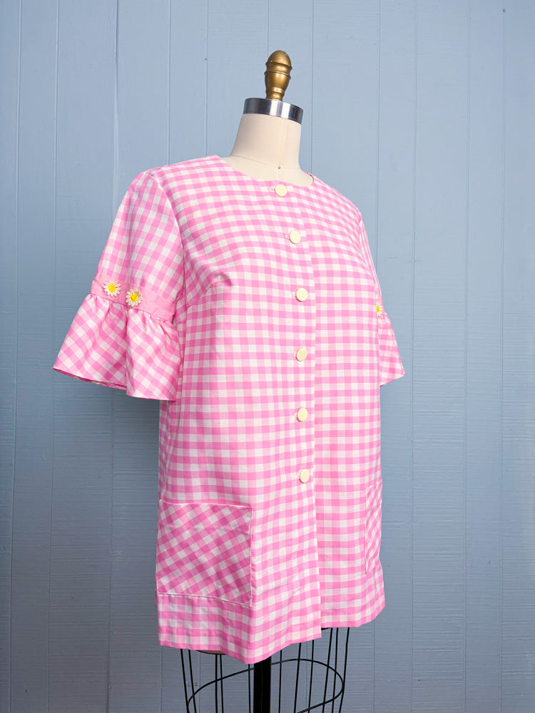 60's Barbie Pink Gingham Check Daisy Smock Blouse