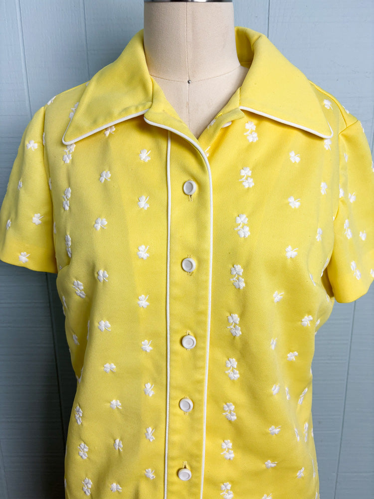 70's Sunshine Yellow Shirt & Pant Set Clover Embroidery