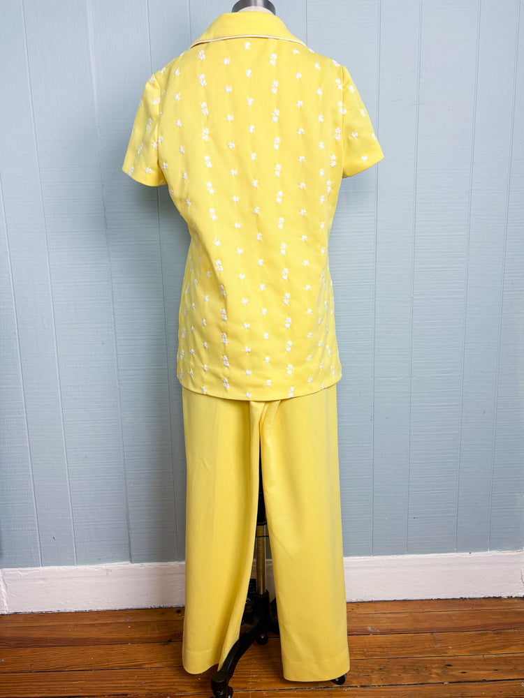 70's Sunshine Yellow Shirt & Pant Set Clover Embroidery