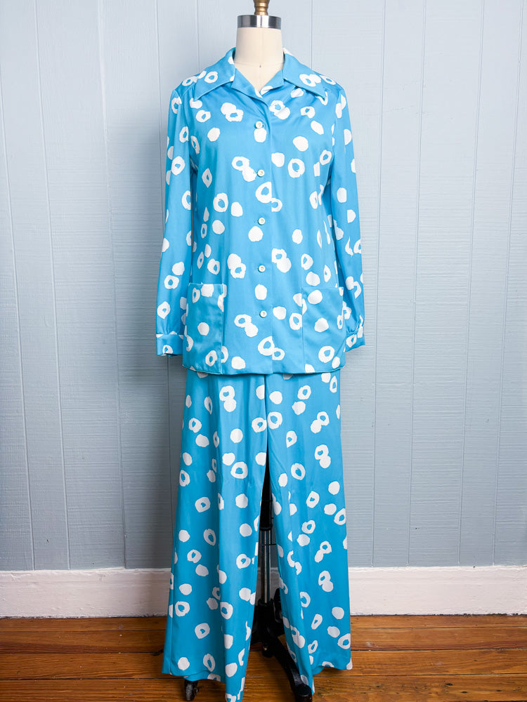 70's Bright Blue White Splotch Shirt & Pant Set