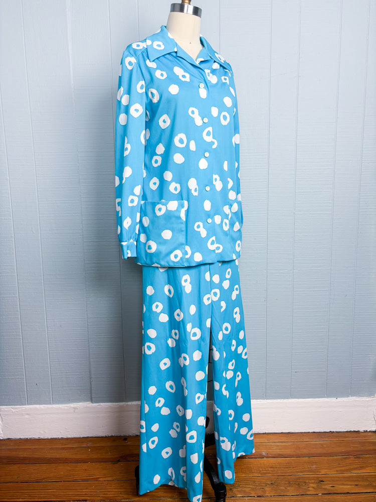 70's Bright Blue White Splotch Shirt & Pant Set