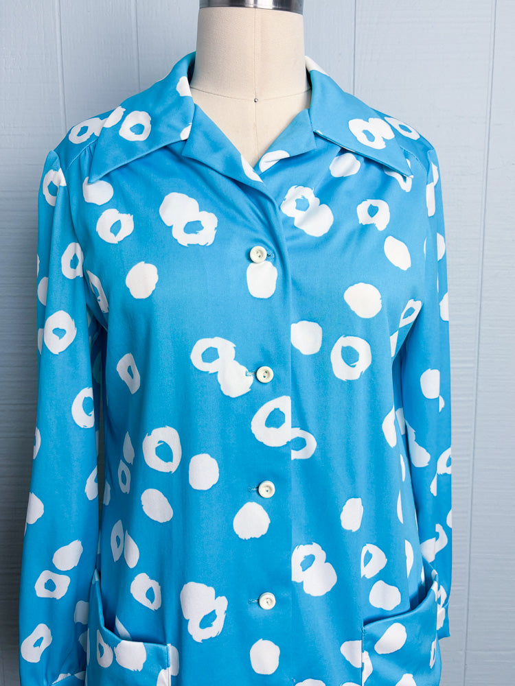 70's Bright Blue White Splotch Shirt & Pant Set