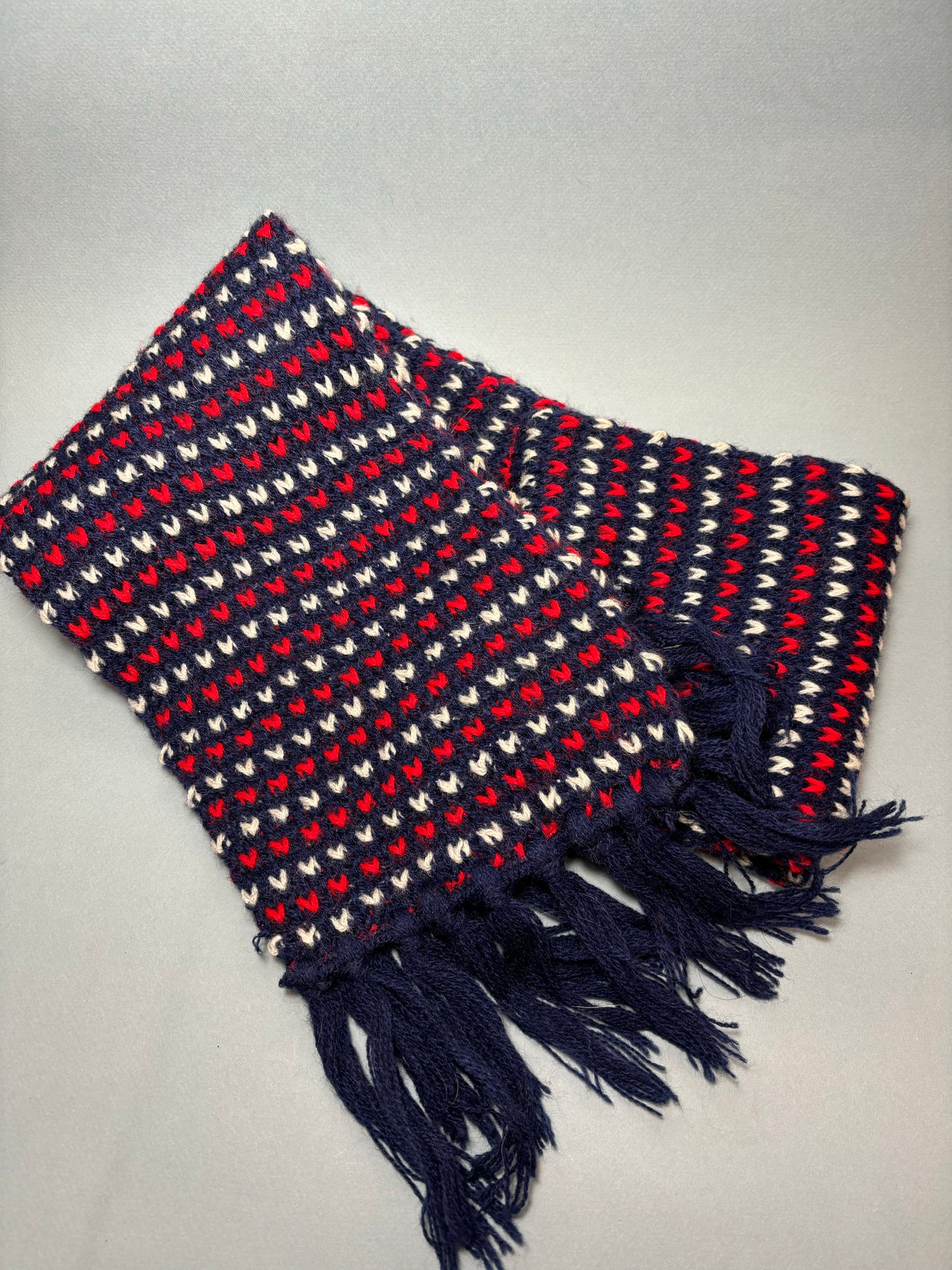 60's 70's Navy Knit Winter Scarf w Red & White V's & Matching Beret Tam Hat