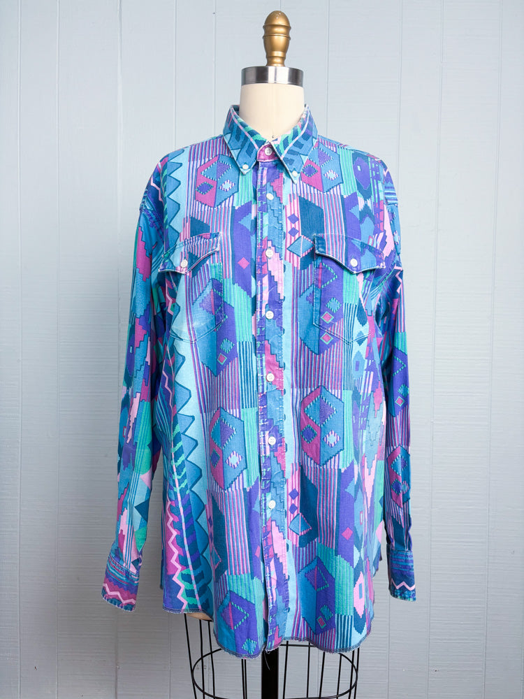 90's Wrangler Pastel Teal Western Print Button Down Shirt