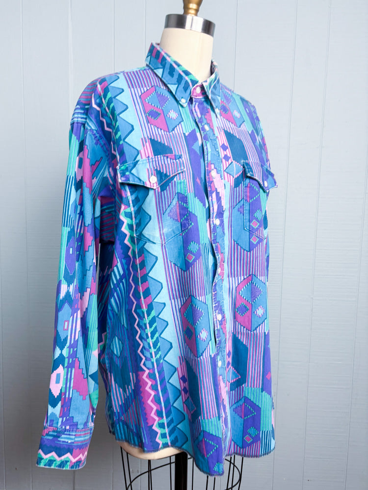 90's Wrangler Pastel Teal Western Print Button Down Shirt
