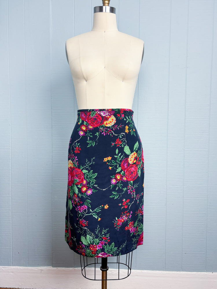 90's Navy Colorful Floral Silk Pencil Skirt