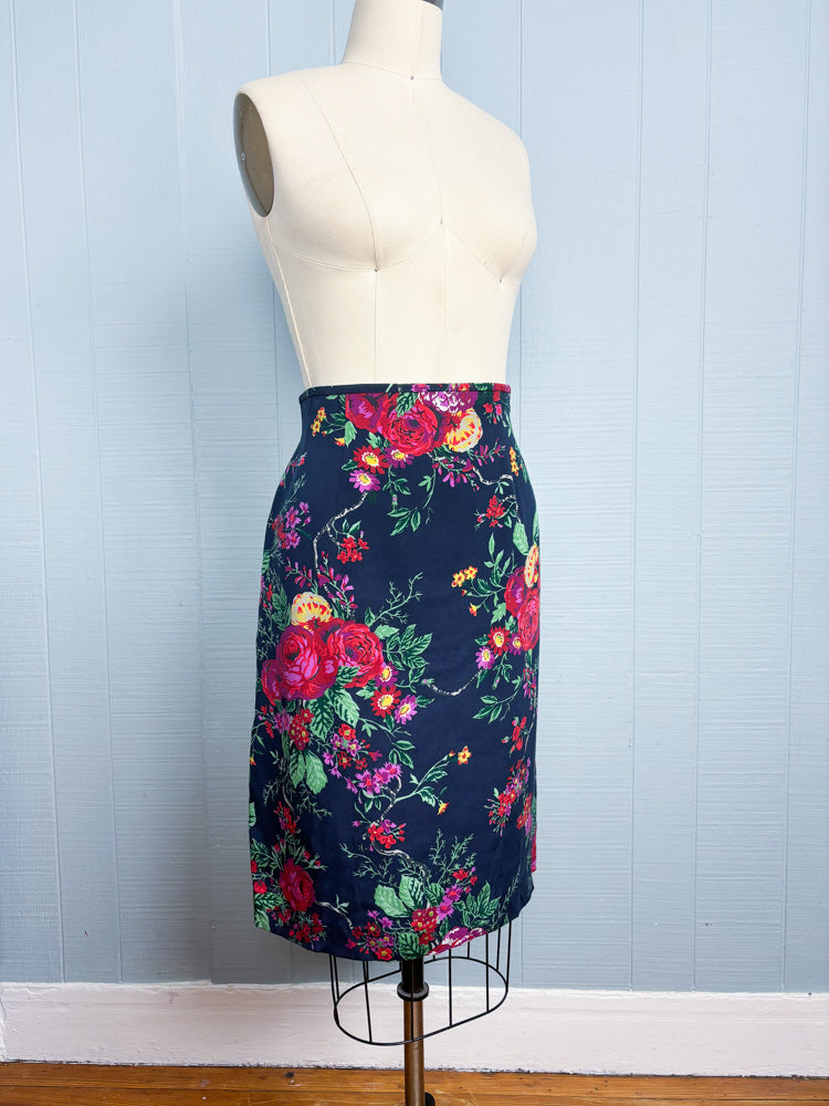 90's Navy Colorful Floral Silk Pencil Skirt