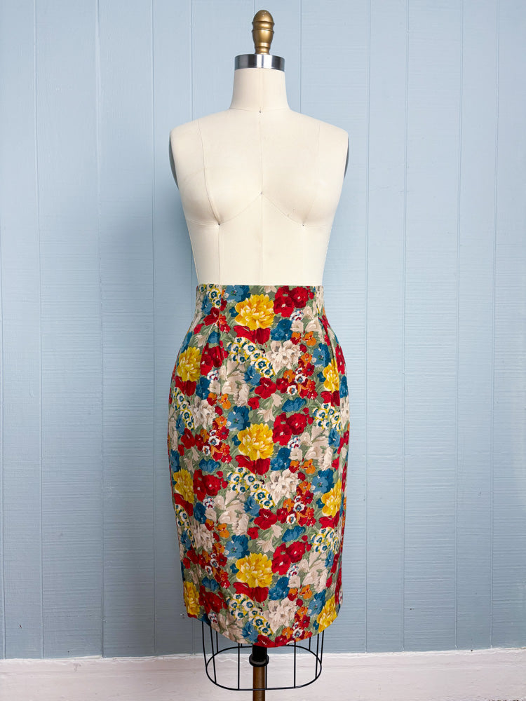 80's Bouquet of Flowers in Red Yellow Blue Silk Pencil Skirt