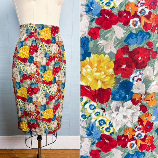 80's Bouquet of Flowers in Red Yellow Blue Silk Pencil Skirt
