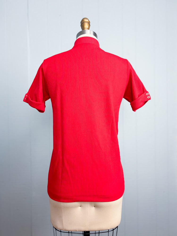60's 70's Cherry Red Mockneck Short Sleeve Polo Shirt
