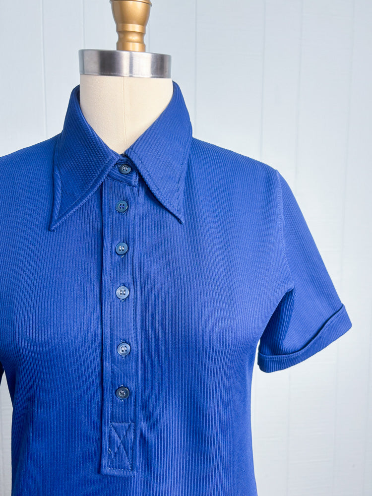 70's Navy Ribbed Dagger Collar Short Sleeve Polo Shirt