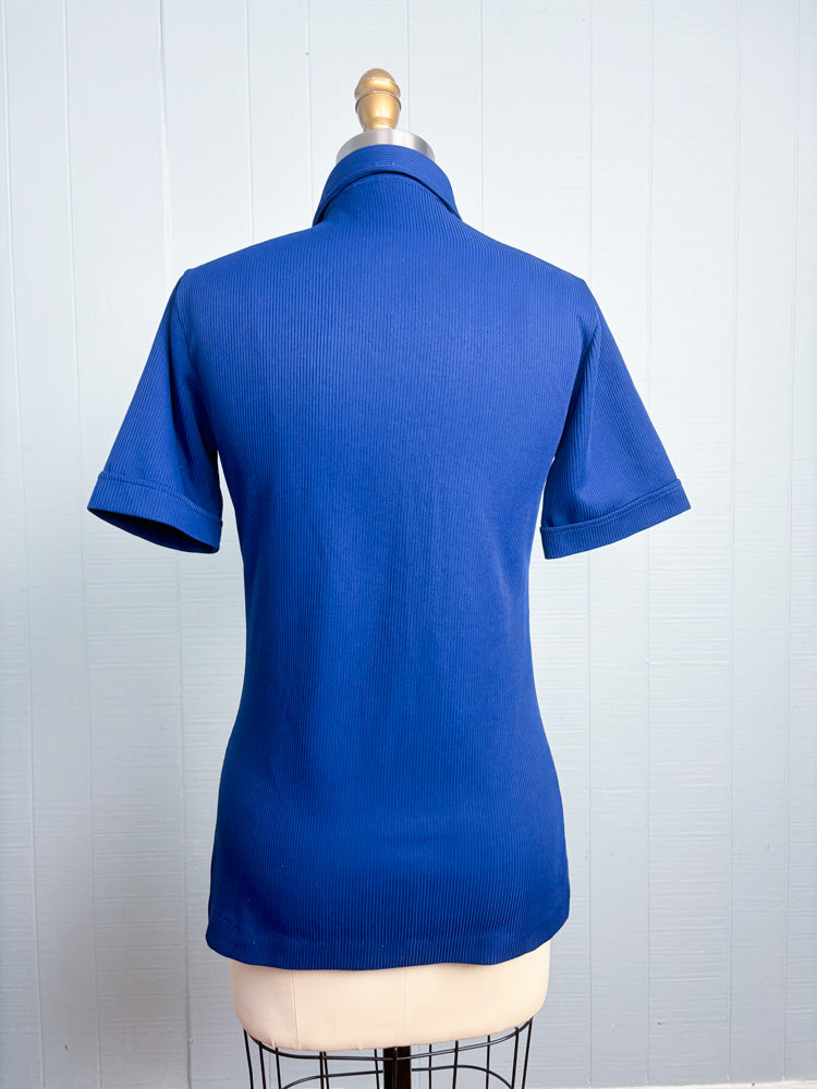 70's Navy Ribbed Dagger Collar Short Sleeve Polo Shirt