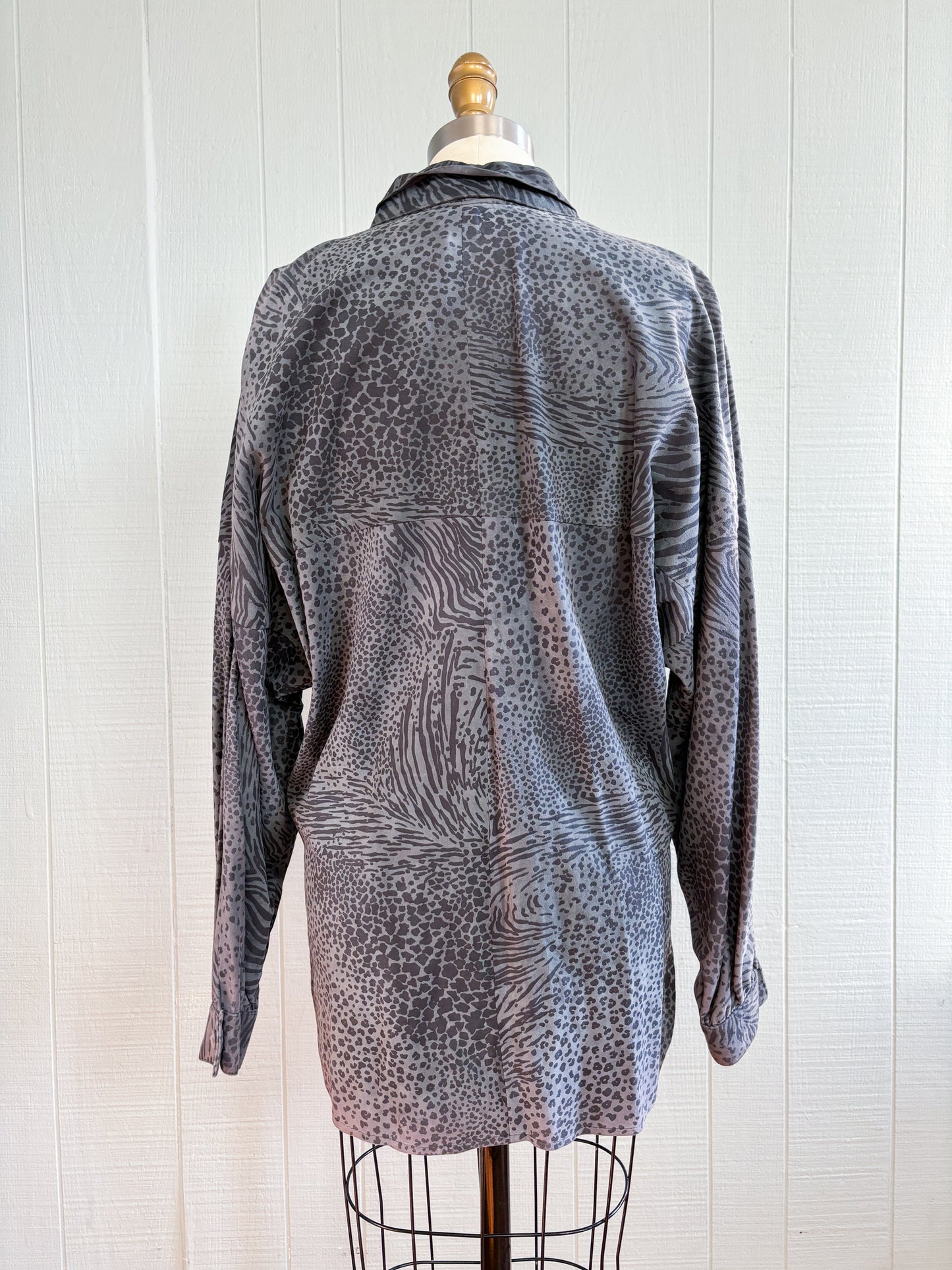 80's Grey Animal Print Leopard Drop Shoulder Shirt Jacket