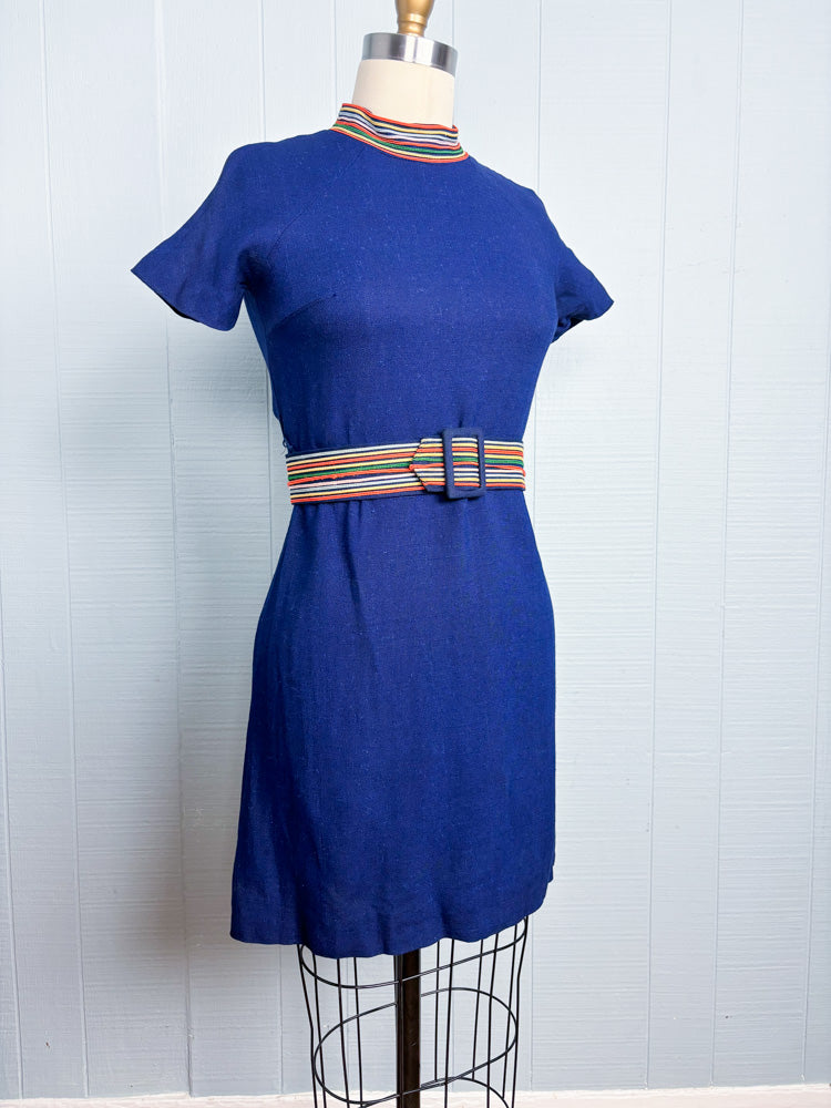 60's Navy Rainbow Trim Mockneck Linen Short Sleeve Mini Dress