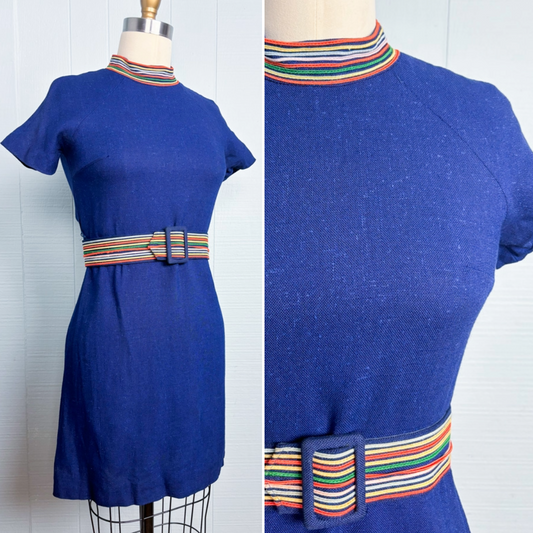 60's Navy Rainbow Trim Mockneck Linen Short Sleeve Mini Dress