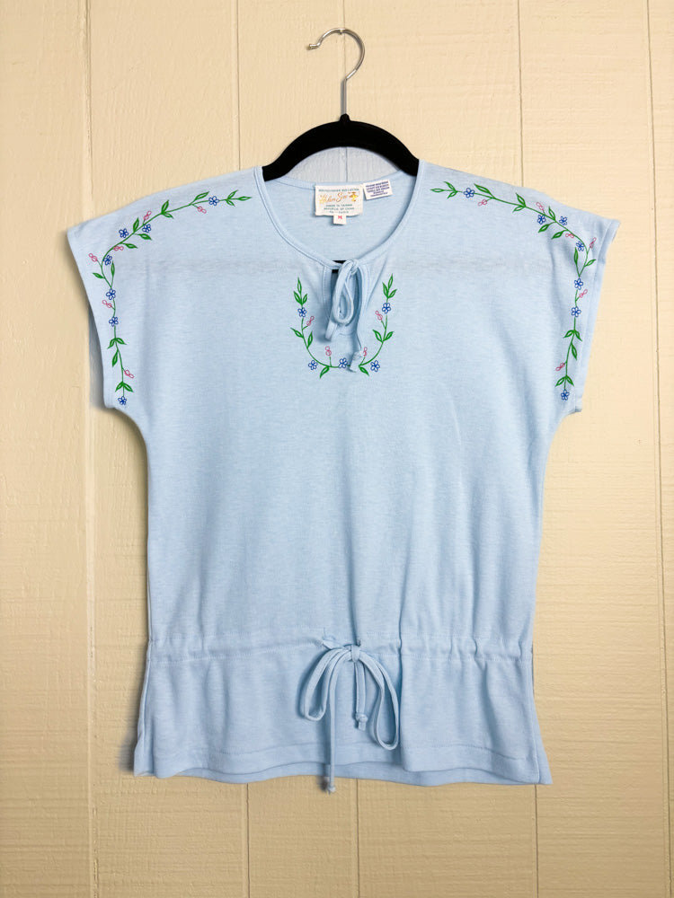 70's Baby Blue Bows & Flowers Cinched Single Stitch T Shirt