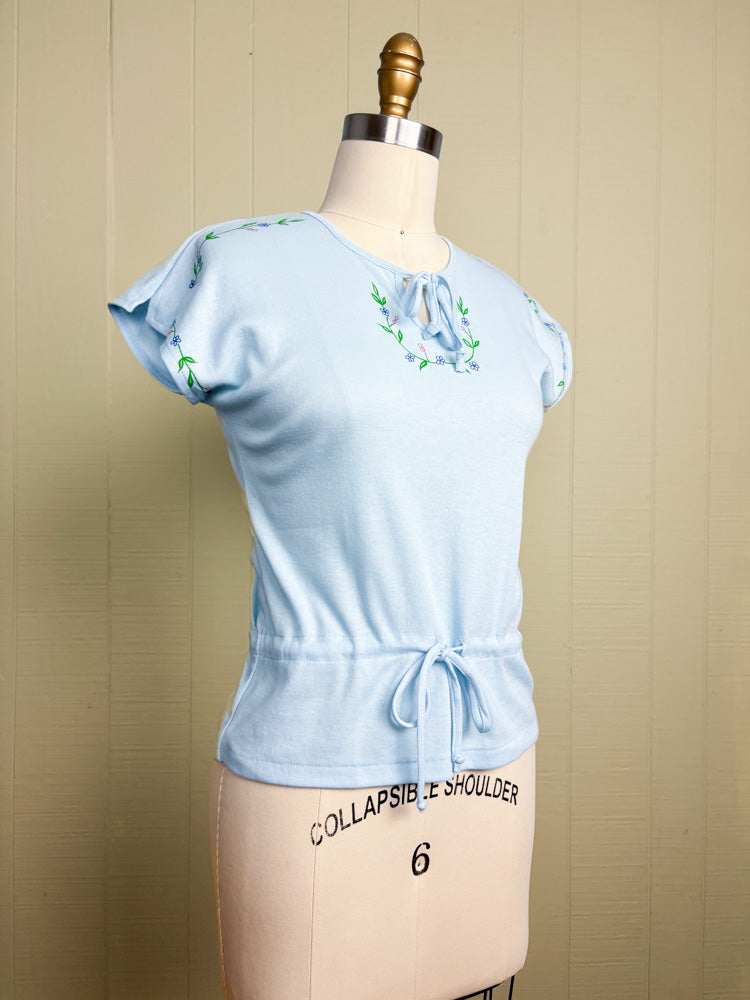 70's Baby Blue Bows & Flowers Cinched Single Stitch T Shirt