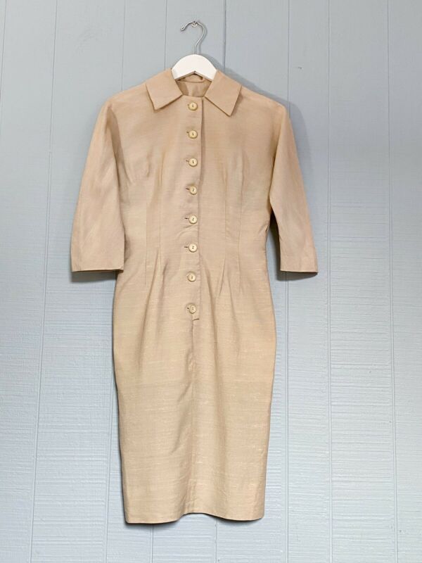 50s 60s Cream Linen Wiggle Dress | S