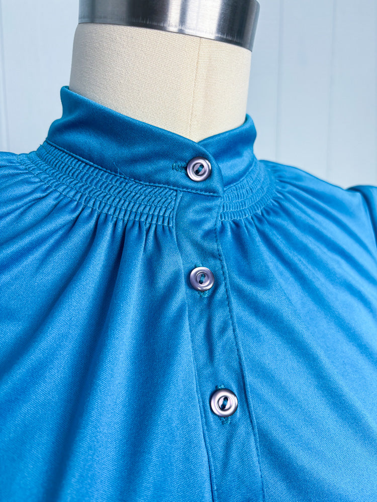 70's Teal Cap Sleeve Smocked Stretch Knit Twirl Dress