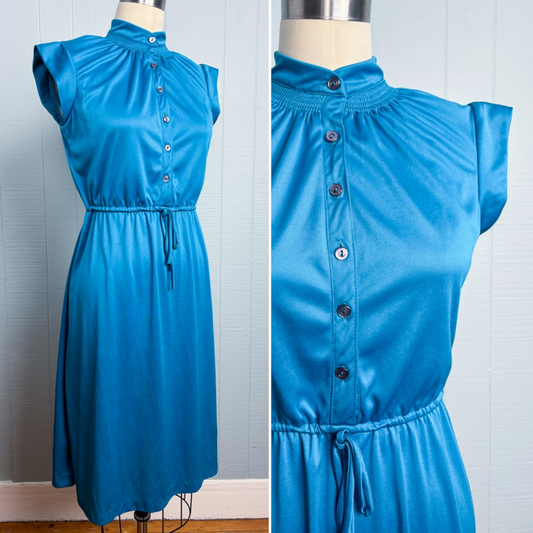 70's Teal Cap Sleeve Smocked Stretch Knit Twirl Dress