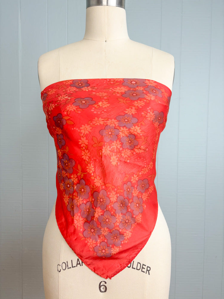 70's Rust Red Silky Scarf with Dusty Lavender Flowers