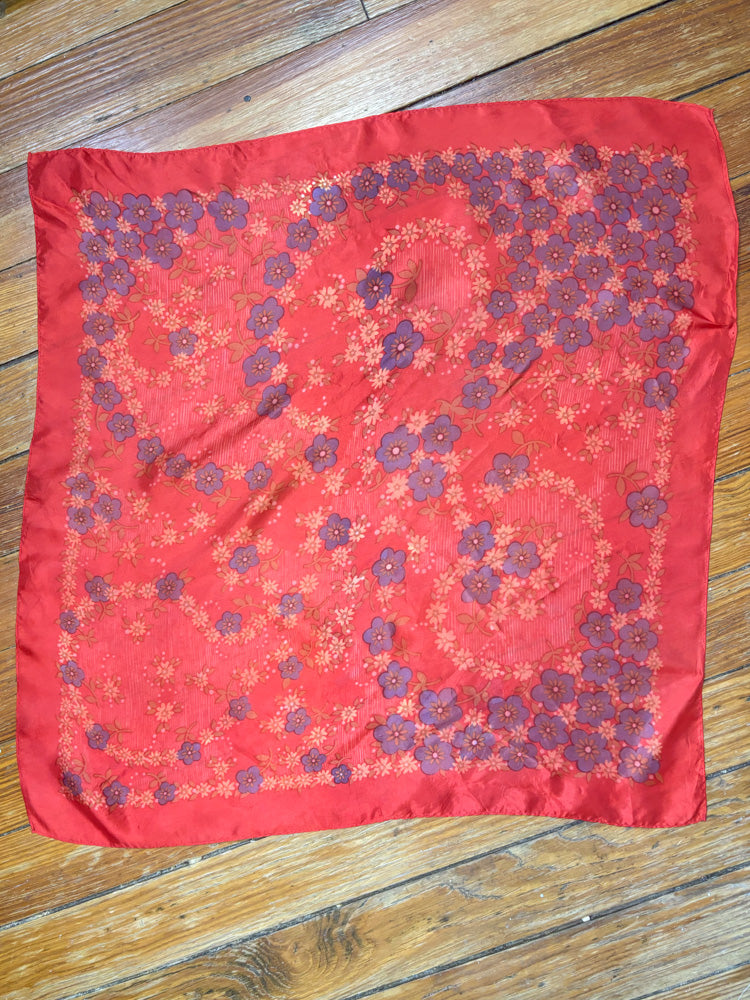 70's Rust Red Silky Scarf with Dusty Lavender Flowers