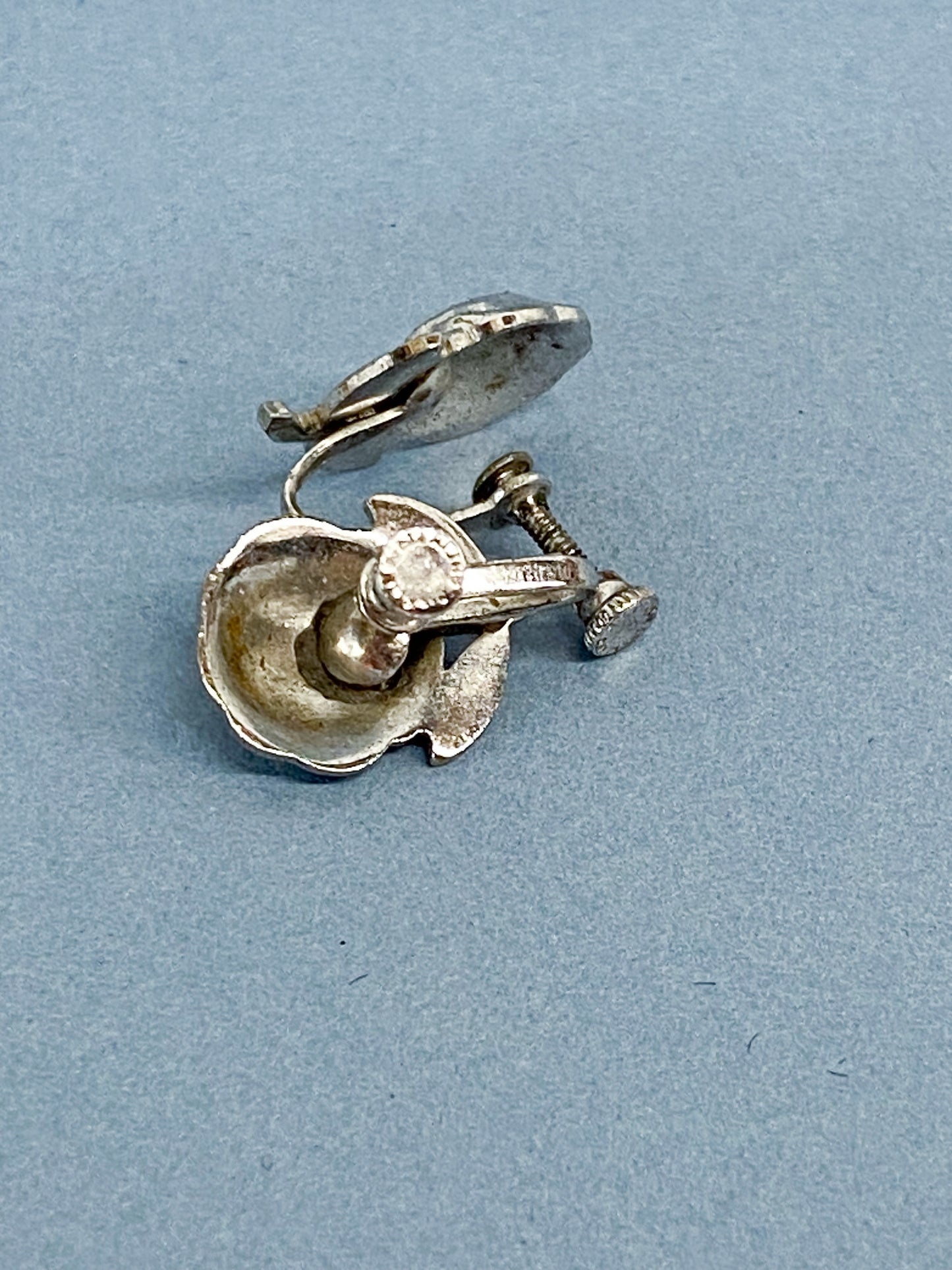 50's Sterling Silver Rose Rhinestone Screwback Earrings