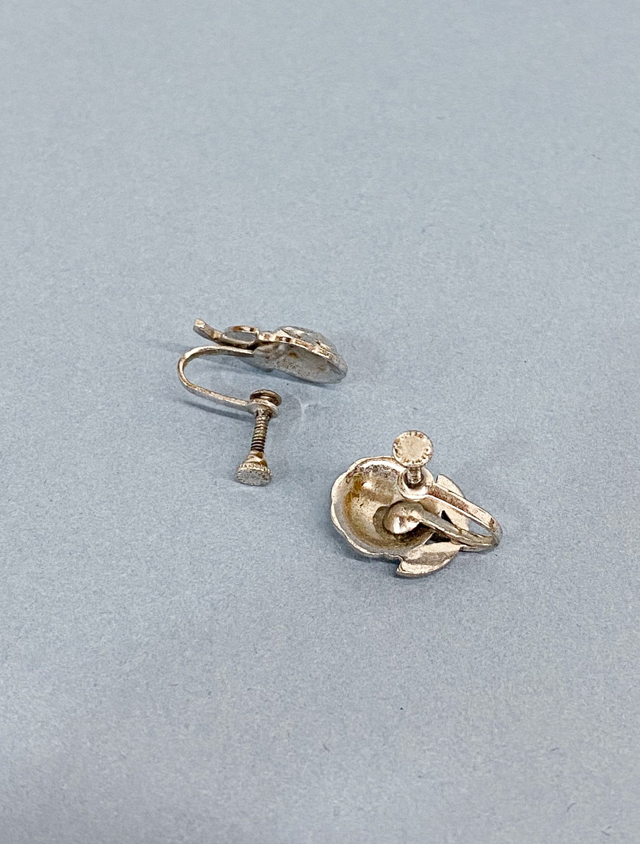 50's Sterling Silver Rose Rhinestone Screwback Earrings