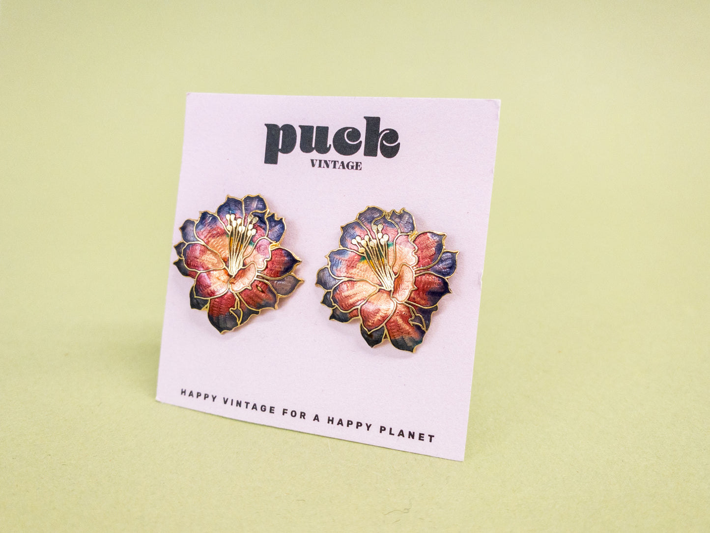 80's Purple Magenta Gold Lily Flower Enamel Earrings