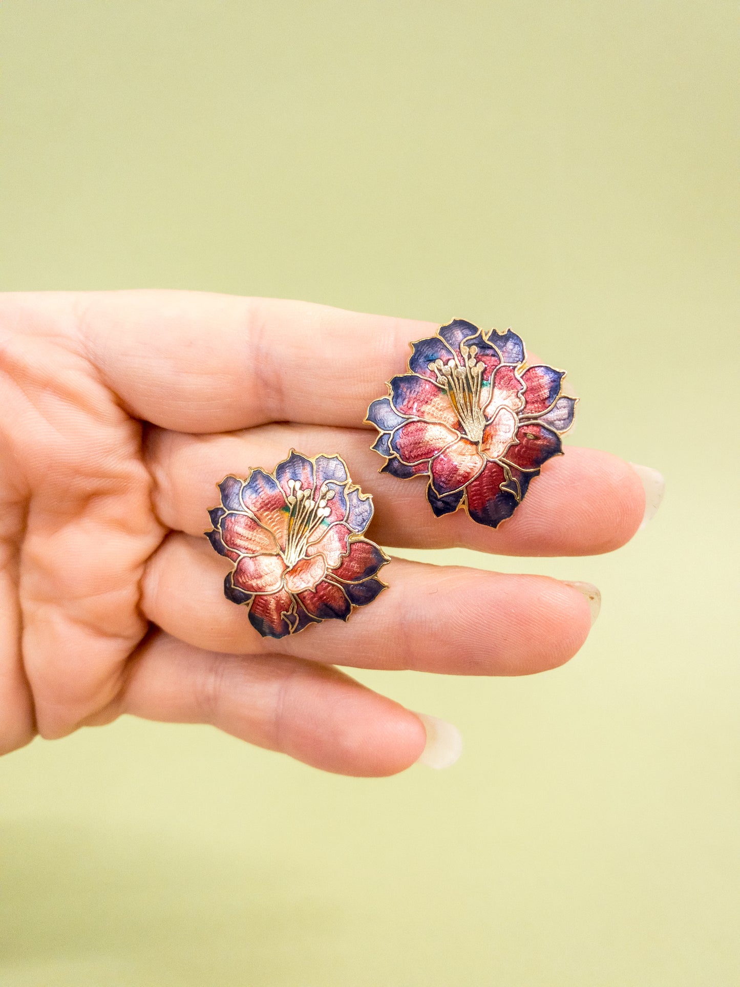 80's Purple Magenta Gold Lily Flower Enamel Earrings