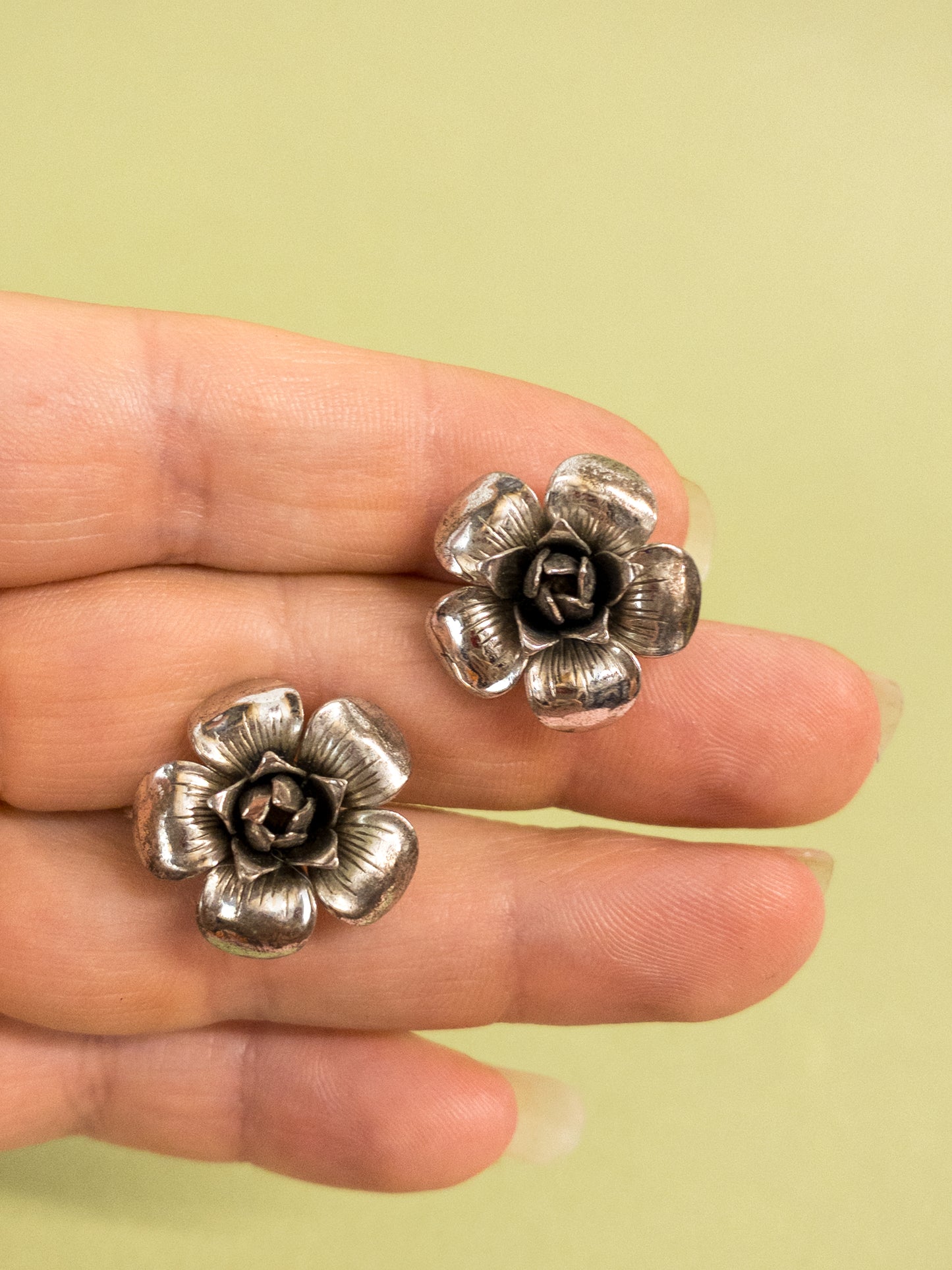 50's Sterling Silver 3D Rose Screwback Earrings