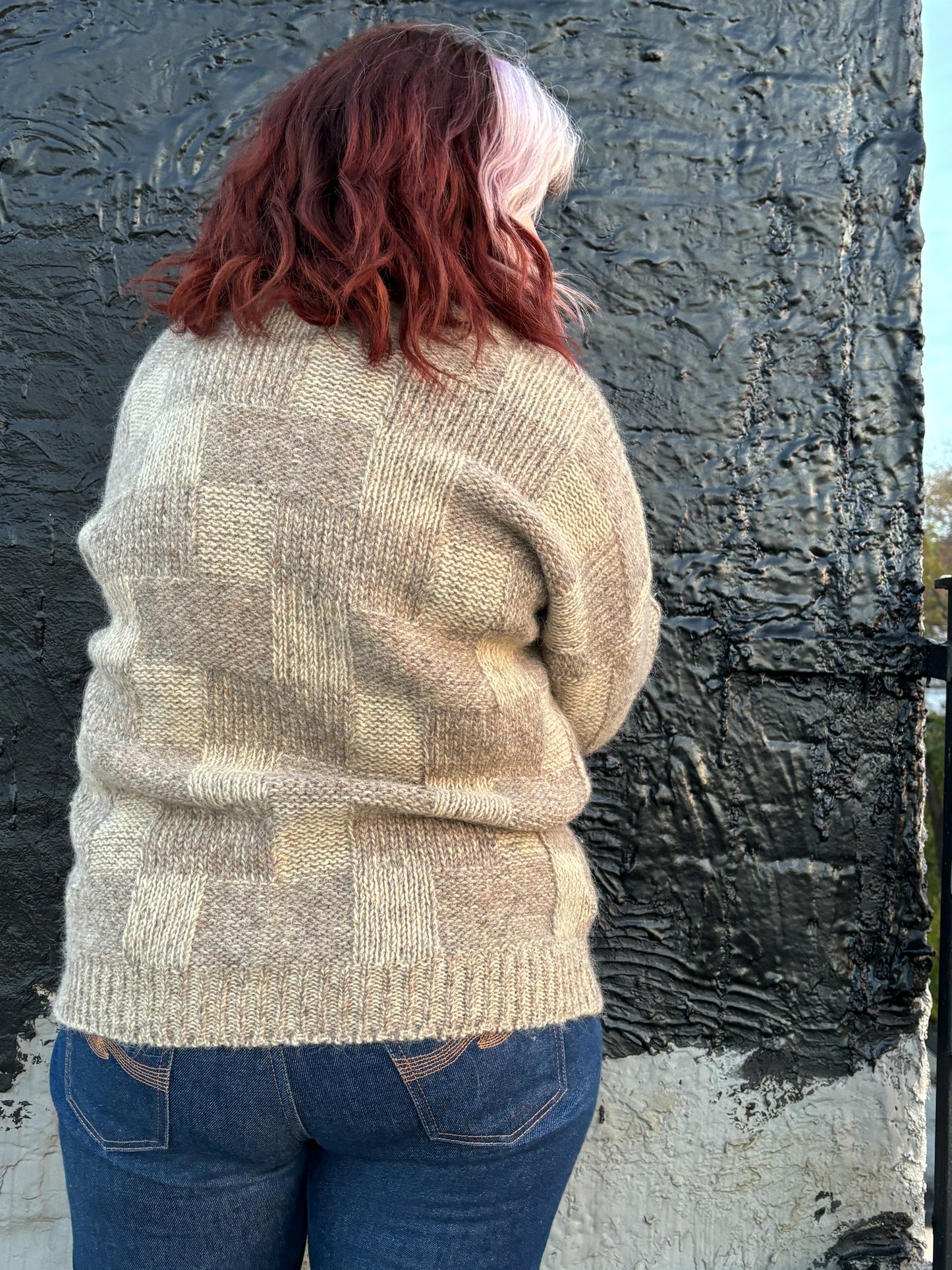 80s 90s Tan Brown Checkerboard Chunky Knit Sweater
