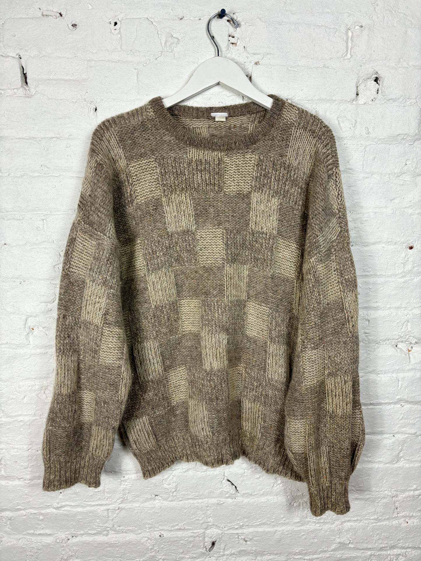 80s 90s Tan Brown Checkerboard Chunky Knit Sweater