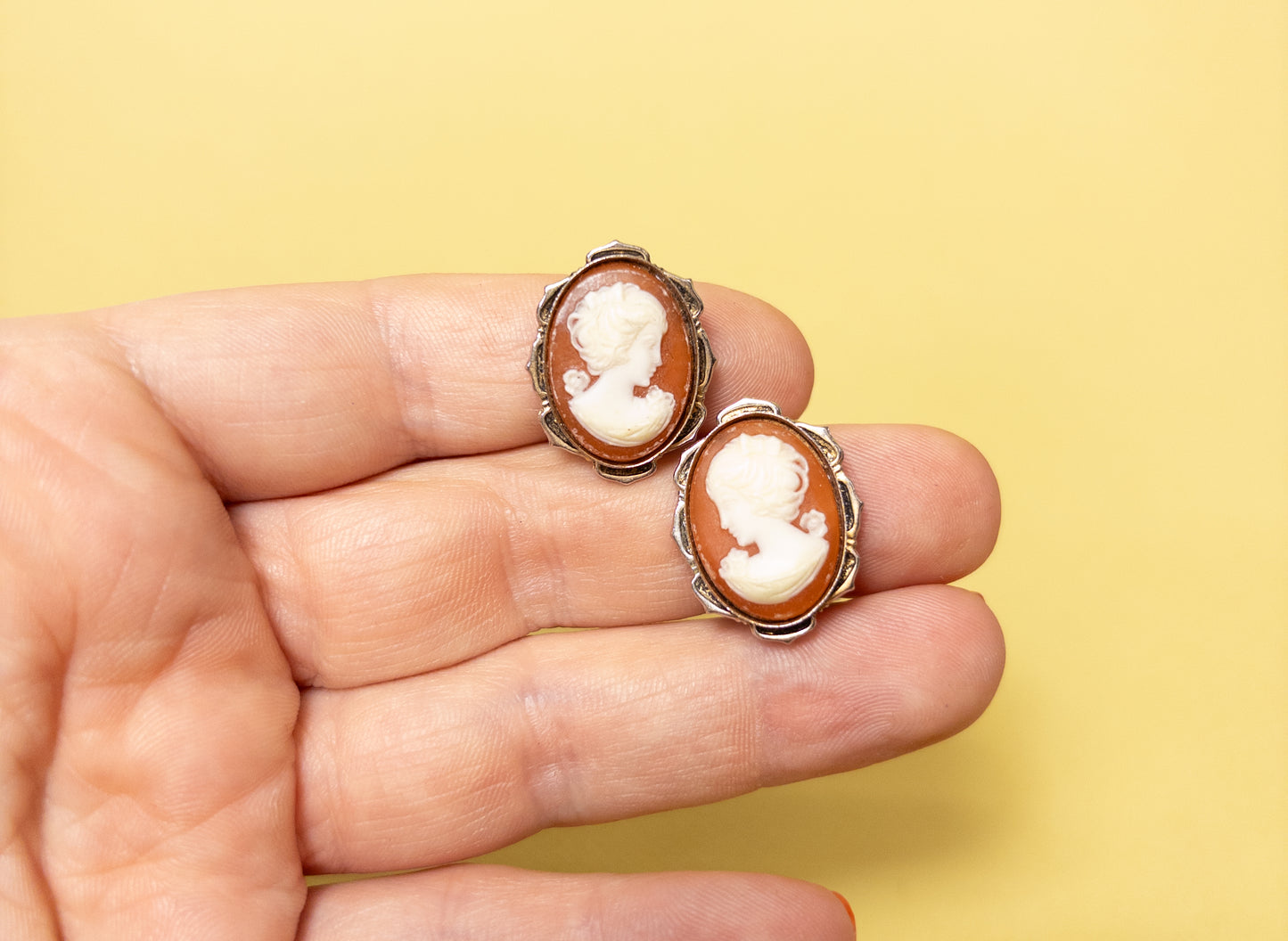 Vintage Dusty Coral Cameo Clip On Earrings