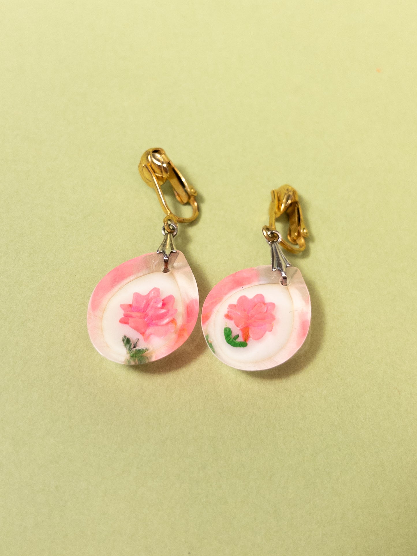Vintage Pink Roses in Resin Clip On Earrings