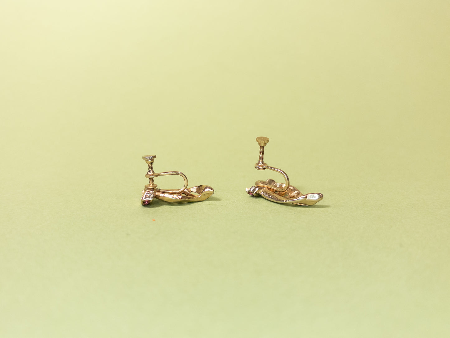 Vintage Gold Winged Pink Rhinestone Screwback Earrings