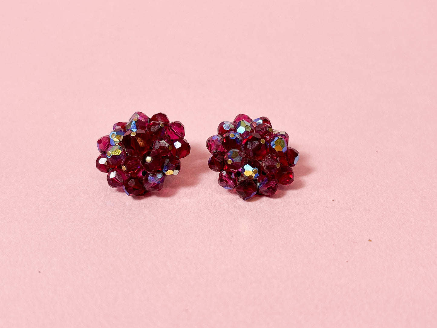 60's Berry Red AB Cluster Clip On Earrings