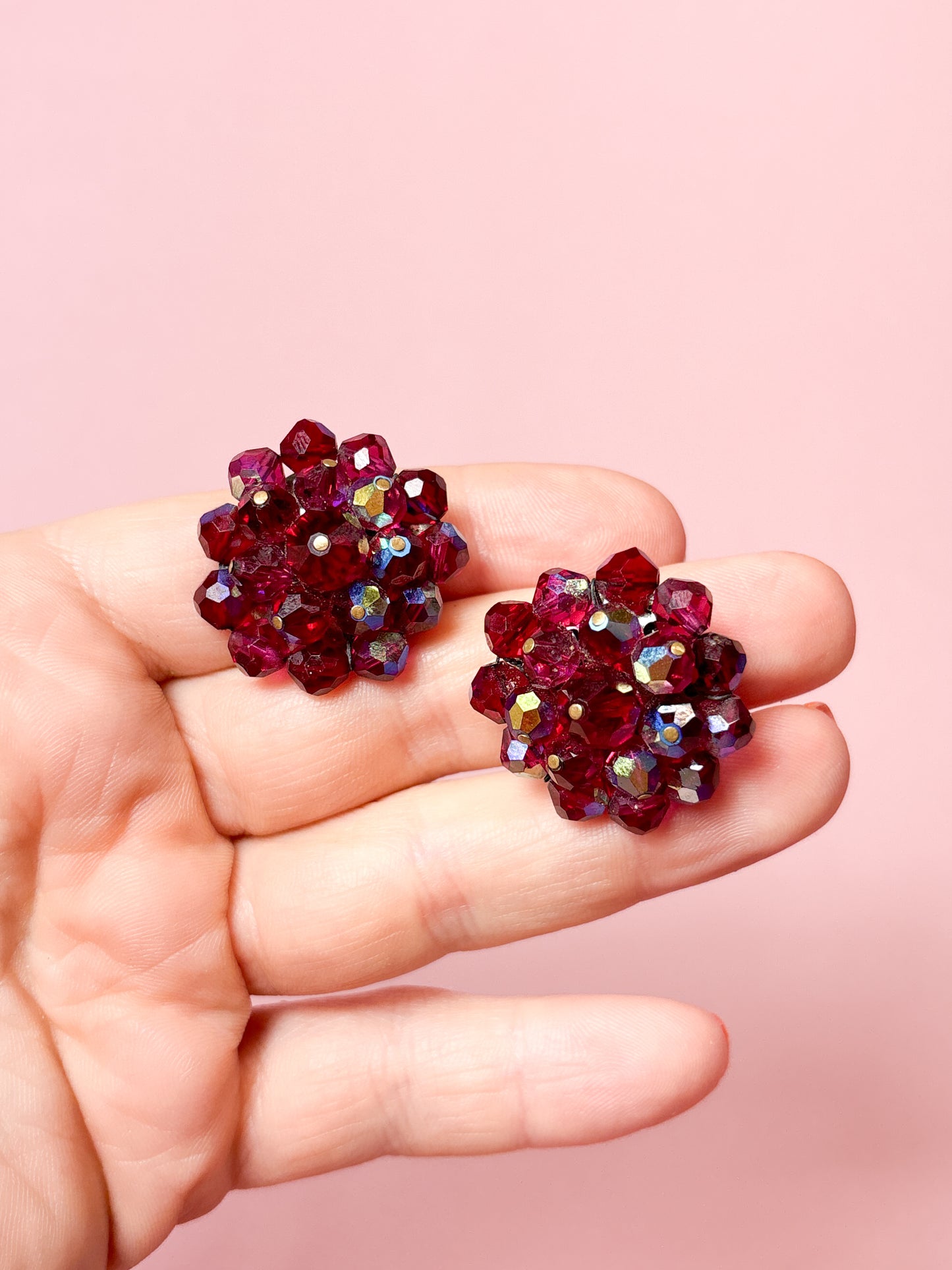 60's Berry Red AB Cluster Clip On Earrings