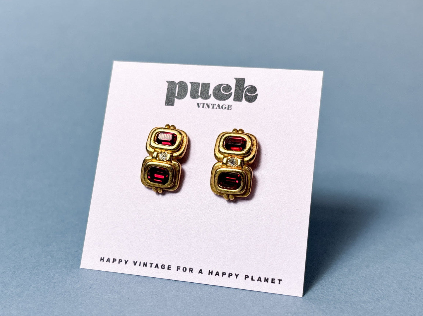 80's 90's Gold & Red Ruby Geometric Earrings