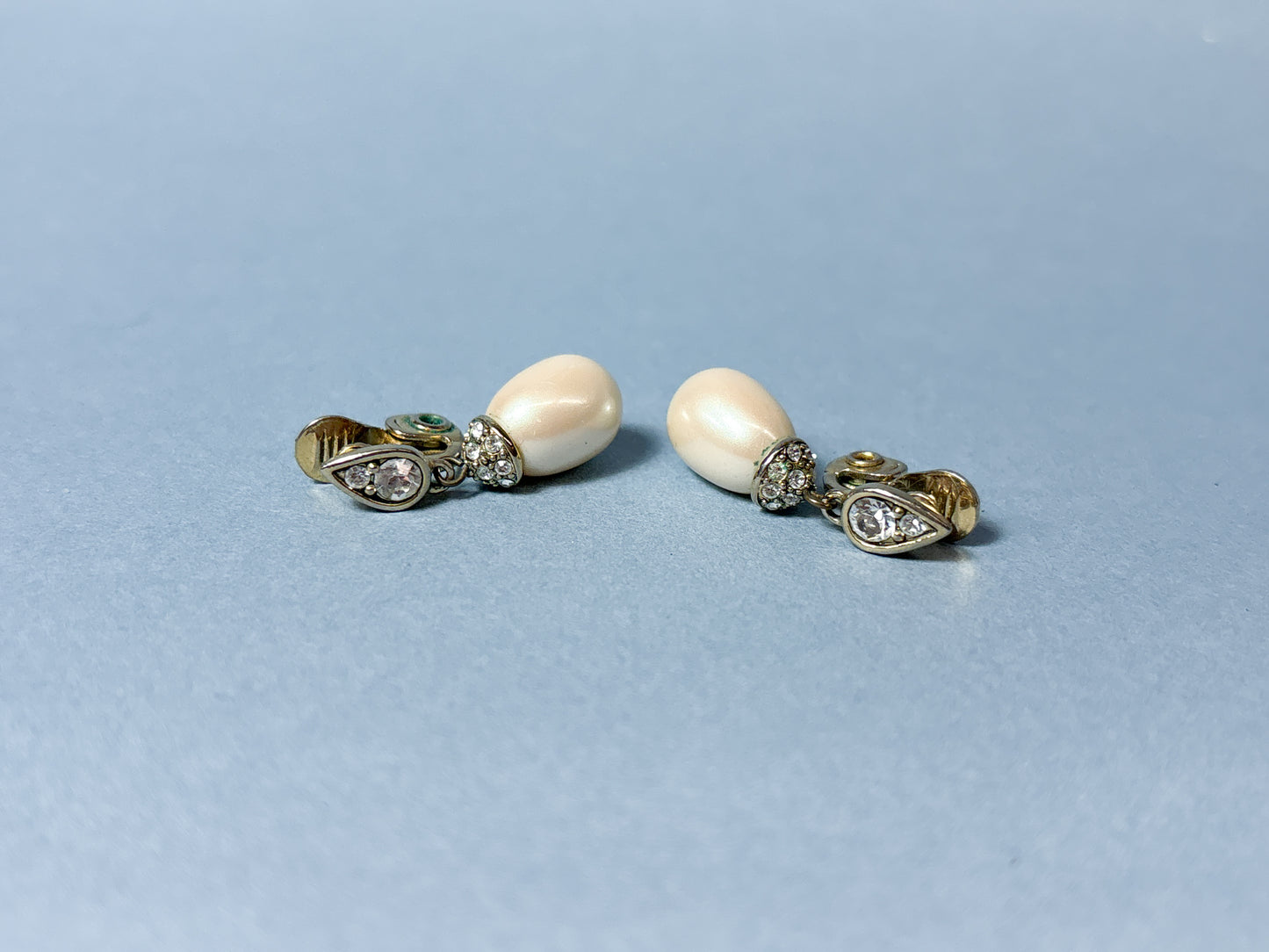 Vintage Monet Rhinestone & Pearl Tear Drop Clip On Earrings