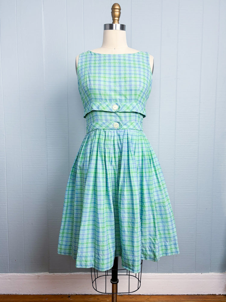 50s 60s Pastel Blue & Green Sea Foam Plaid Picnic Dress