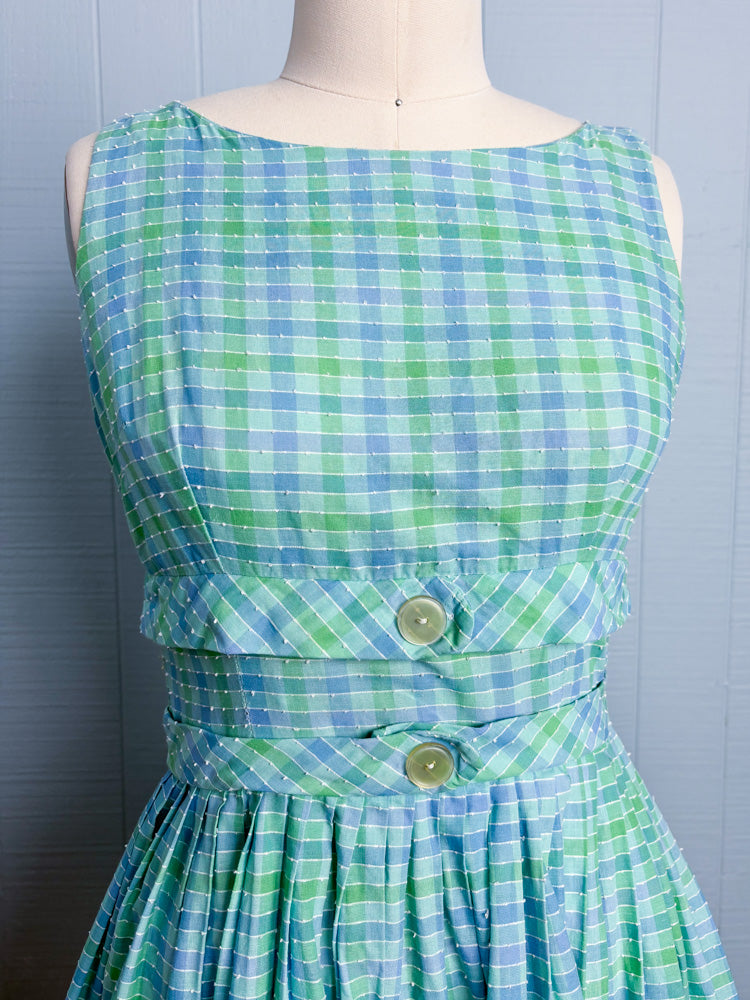 50s 60s Pastel Blue & Green Sea Foam Plaid Picnic Dress