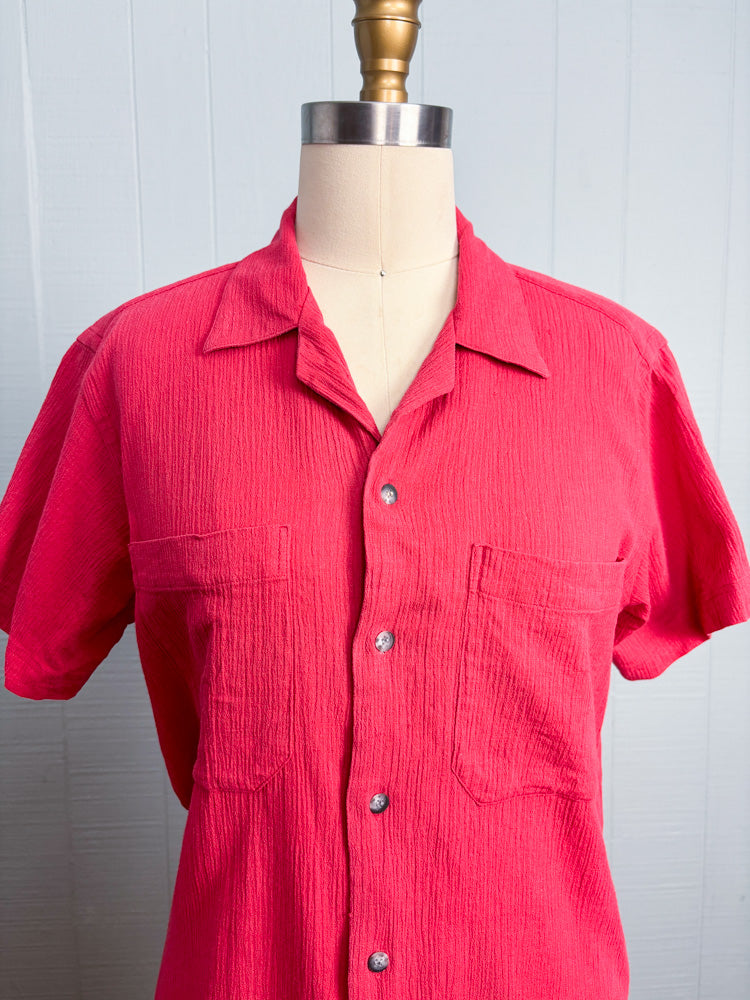 70s Yves Saint Laurent Crinkled Red Revere Collar Short Sleeve Shirt