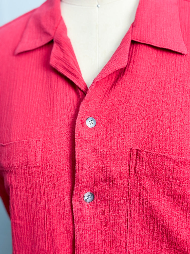 70s Yves Saint Laurent Crinkled Red Revere Collar Short Sleeve Shirt
