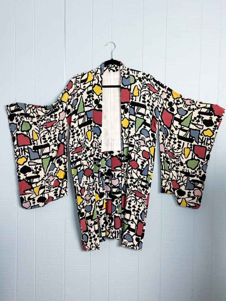 Vintage Abstract Pale Rainbow Silk Crepe Haori Kimono