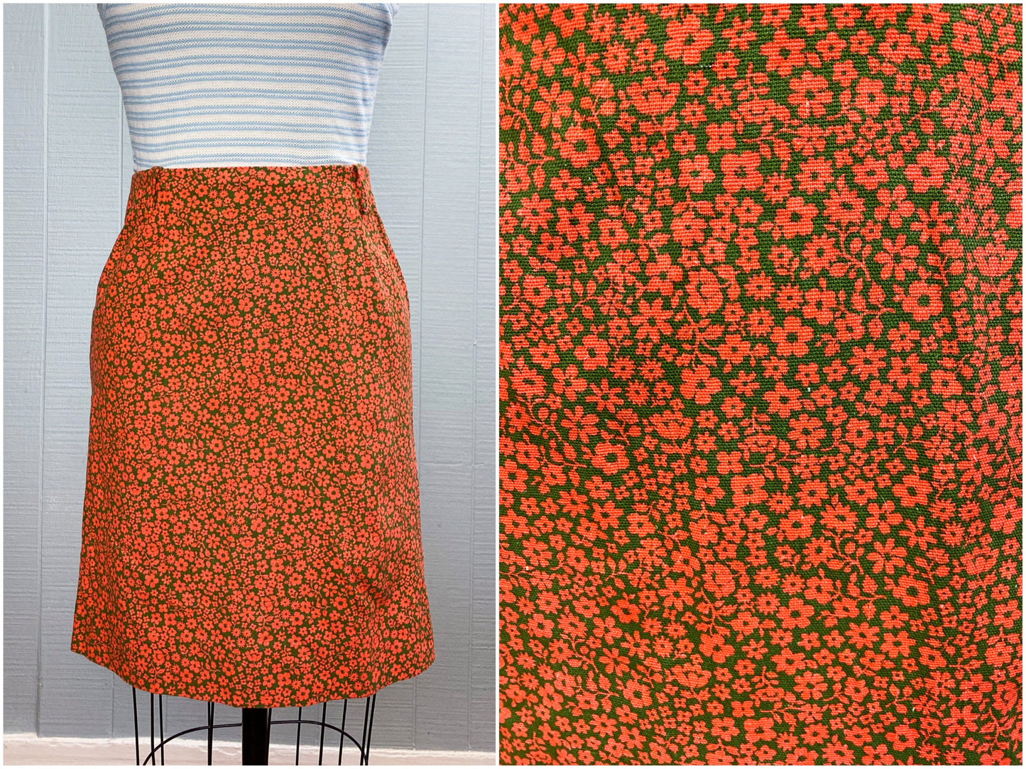 60s Orange Ditsy Floral Mini Skirt | XXS