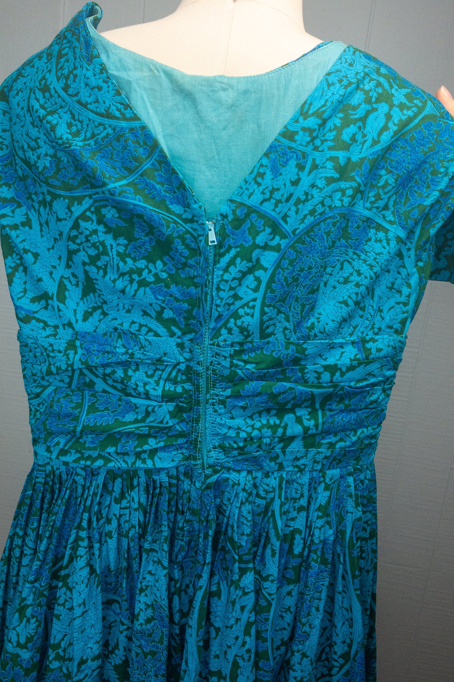 50s 60s Blue Green Toile Vine Dress | XXS/XS